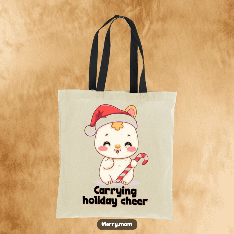 Funny tote bag featuring a cheerful animal wearing a Santa hat and holding a candy cane, ideal for holiday errands.