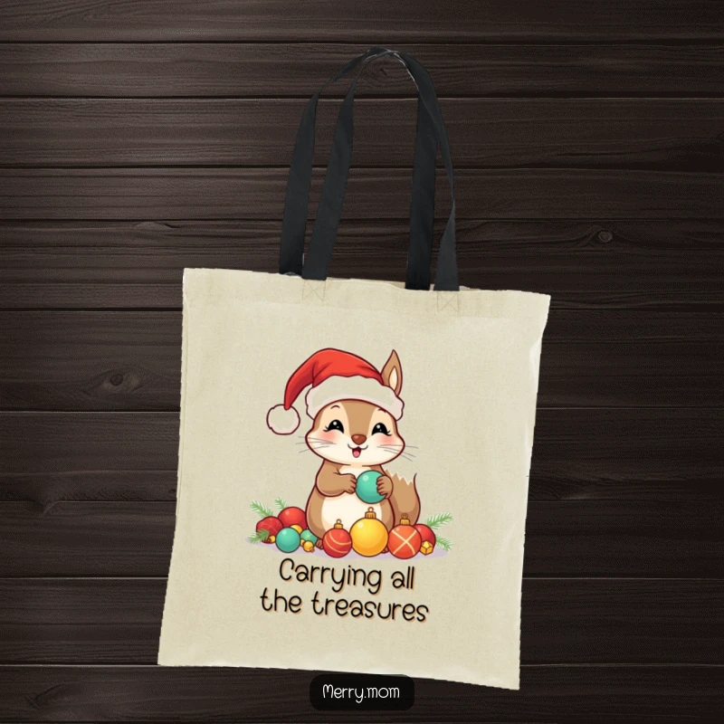 Funny tote bag featuring a kawaii squirrel in a Santa hat, diligently hoarding shiny Christmas ornaments.