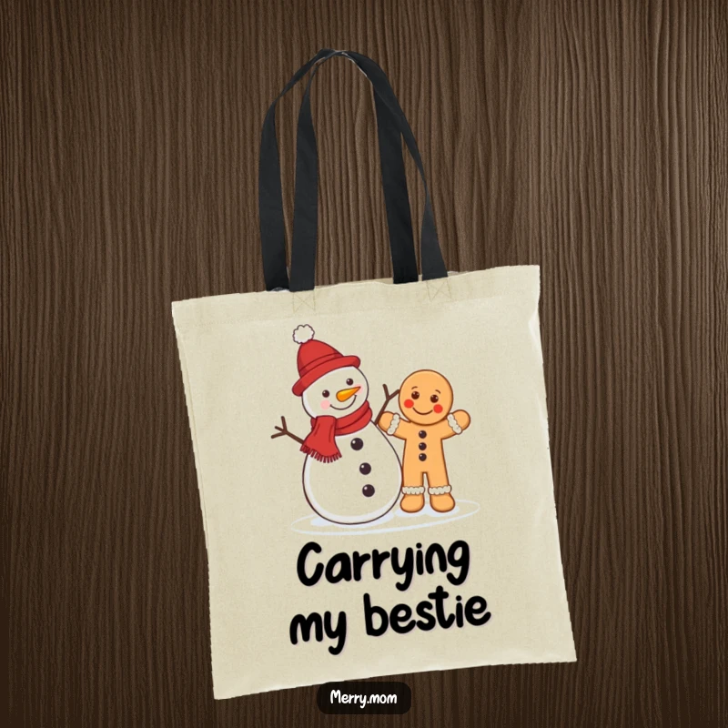 Funny Christmas tote bag with a jolly snowman and a cheerfully waving gingerbread man, ideal for holiday shopping.