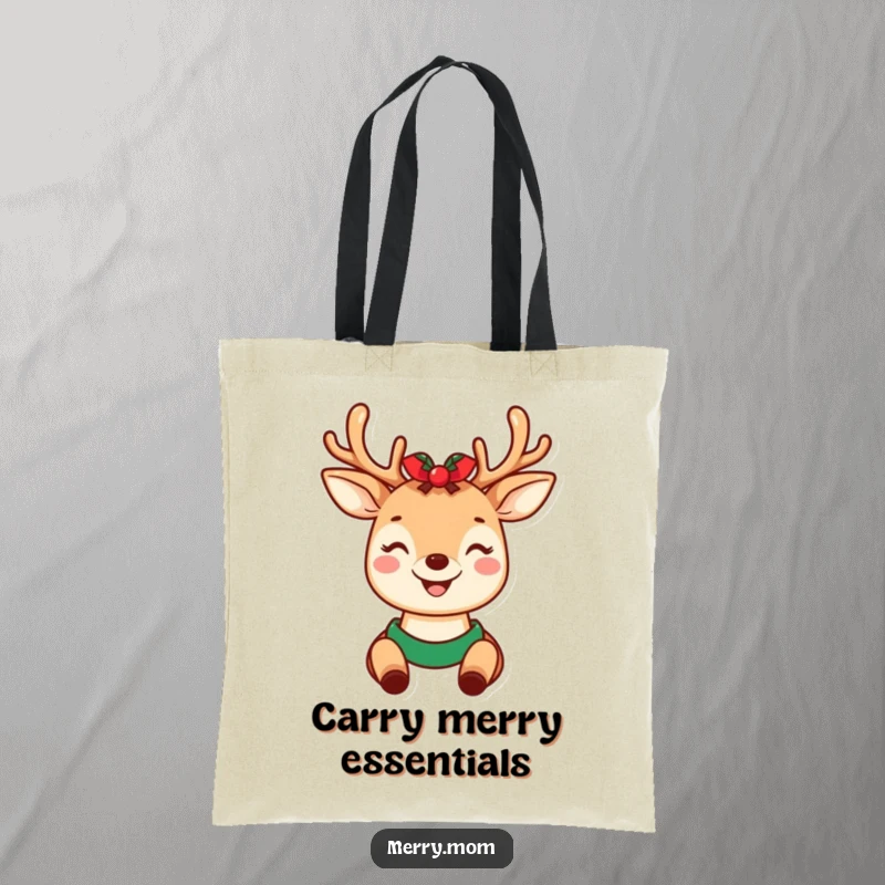 Funny and stylish tote bag featuring a kawaii deer mom wearing cute holiday antlers, smiling widely for festive occasions.