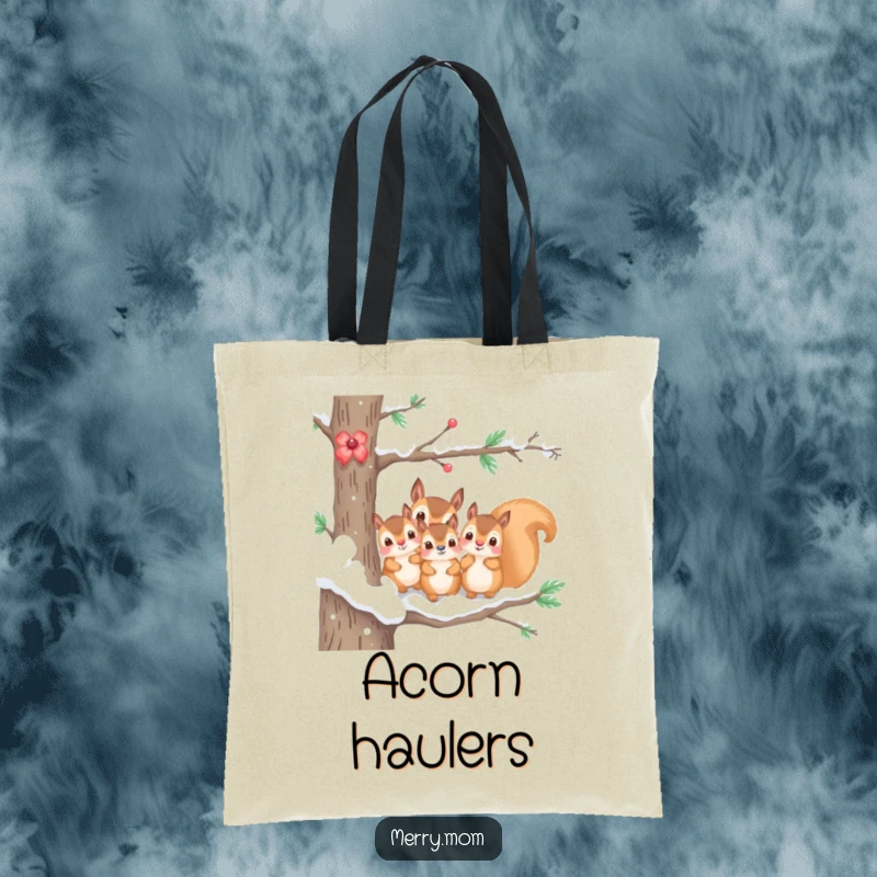 Funny tote bag with a kawaii squirrel family peeking from a snowy branch, ideal for carrying groceries or essentials.