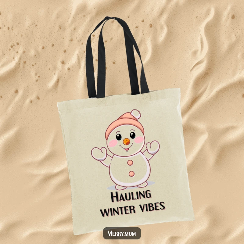 Funny smiling snowman character with carrot nose, waving a mittened hand on a tote bag, a humorous and practical accessory.