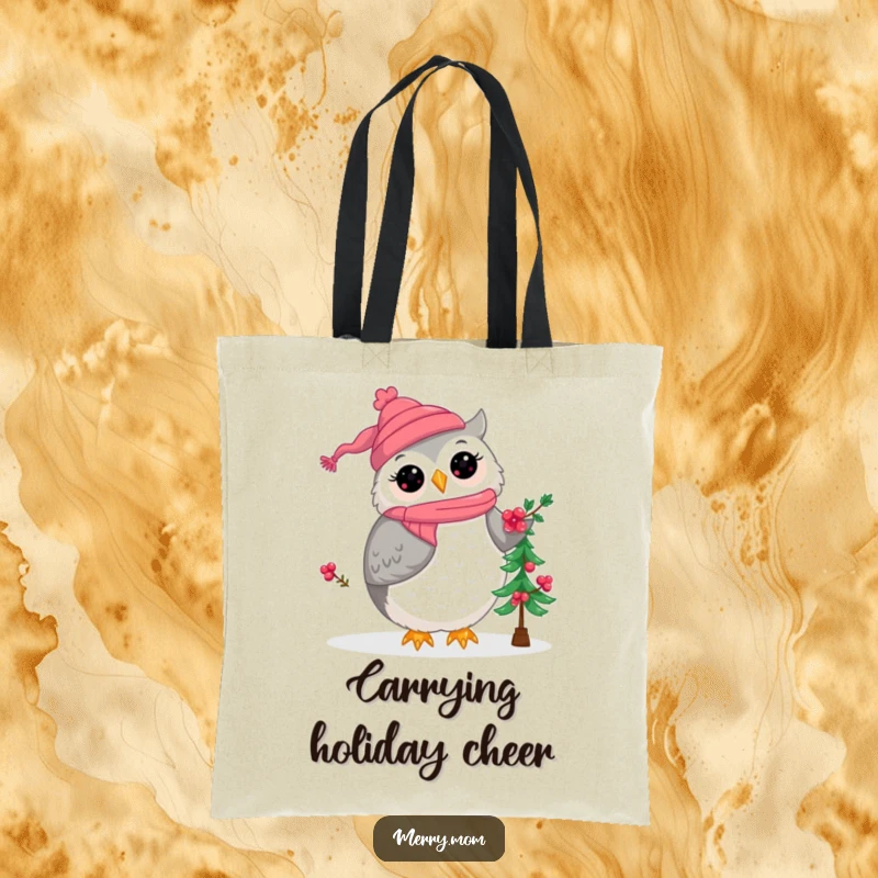 Kawaii owl mom character carrying a basket of berries to decorate a small Christmas tree, a charming holiday tote.