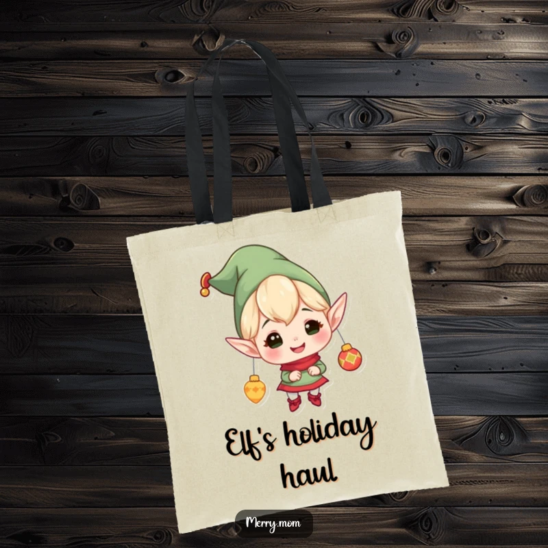 Funny tote bag showcasing a cheerful elf with pointy ears, gleefully hanging festive ornaments, ready to carry holiday cheer.